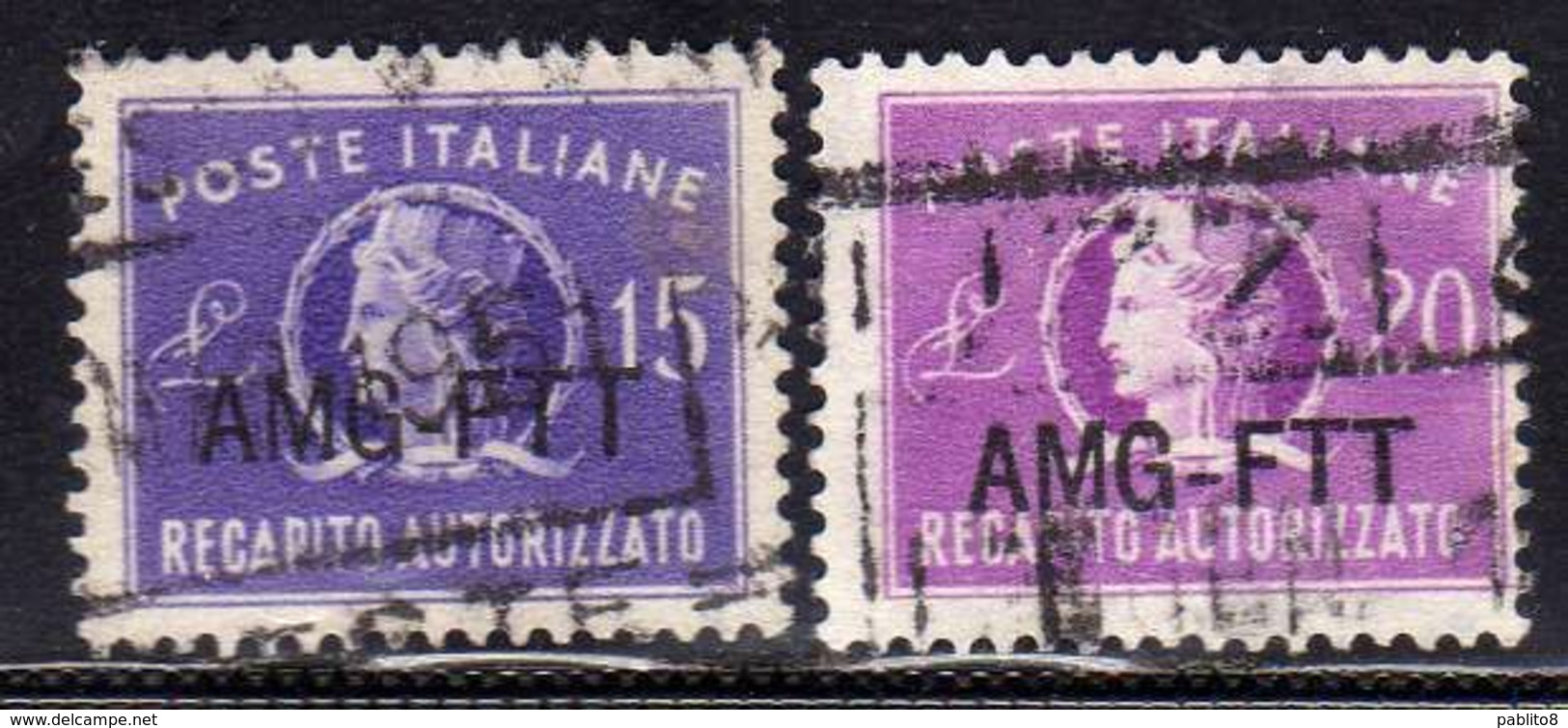 TRIESTE A 1949 1952 AMG - FTT ITALIA ITALY OVERPRINTED RECAPITO AUTORIZZATO LIRE 15+20 SERIE COMPLETA USATA USED OBLITER - Revenue Stamps