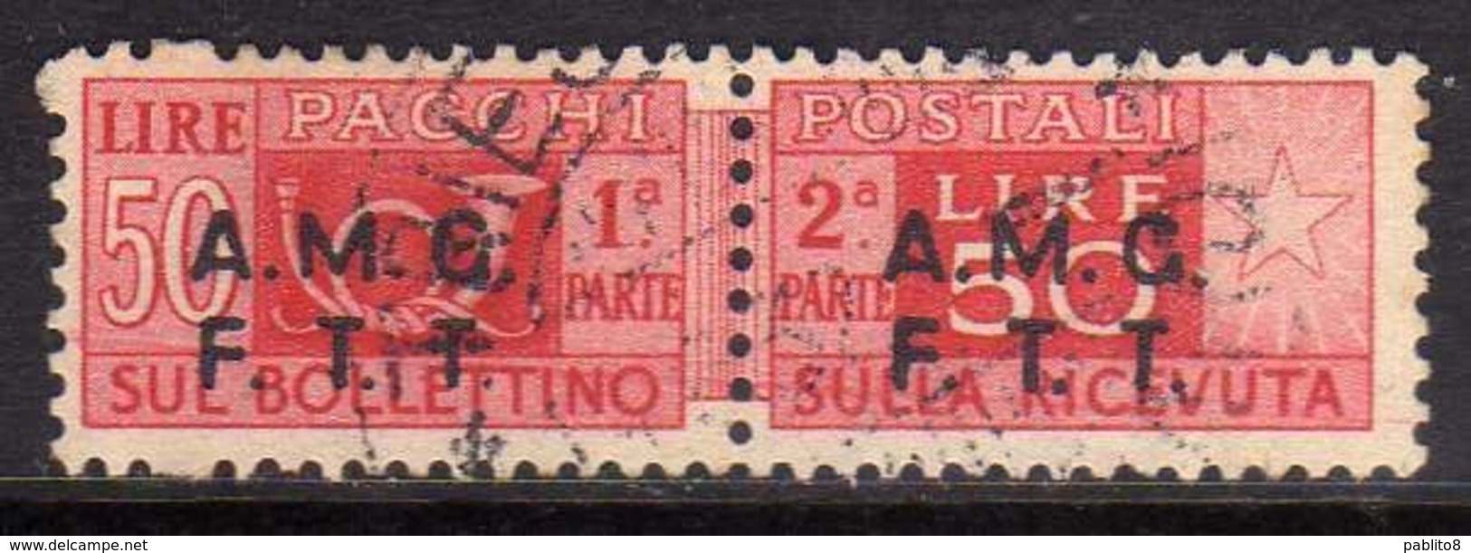 TRIESTE A 1947 1948 AMG - FTT ITALIA ITALY OVERPRINTED  PACCHI POSTALI LIRE 50 USATO USED OBLITERE' - Postal And Consigned Parcels