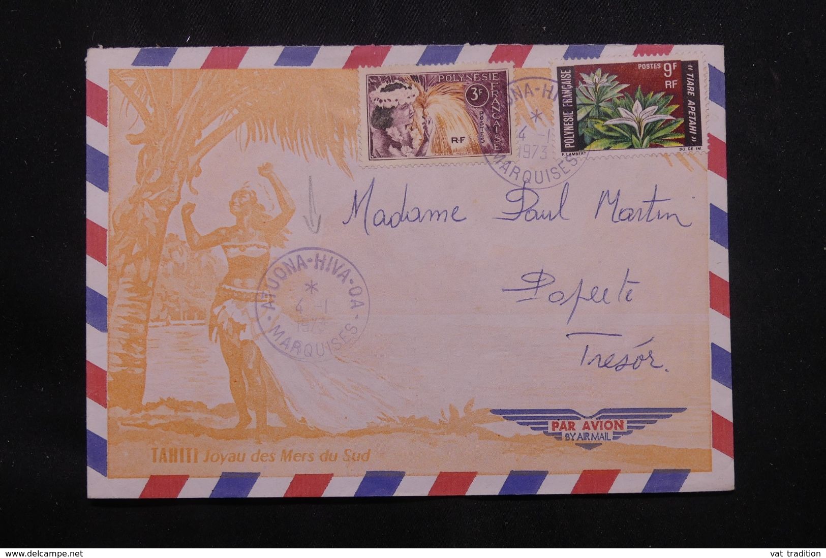 POLYNÉSIE - Enveloppe Touristique De Hatuona-Hiva Pour Papeete En 1973 - L 65900 - Briefe U. Dokumente