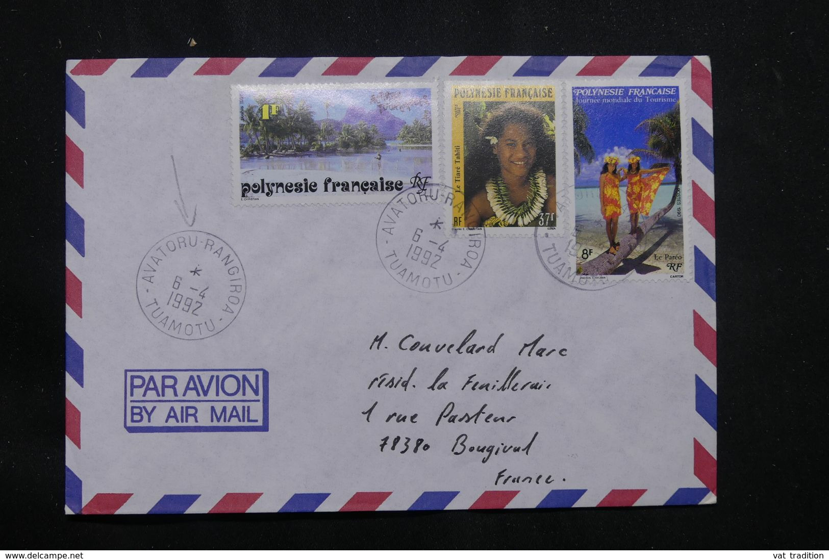 POLYNÉSIE - Affranchissement De Avatoru-Rangiroa Sur Enveloppe Pour Bougival En 1992 - L 65901 - Lettres & Documents