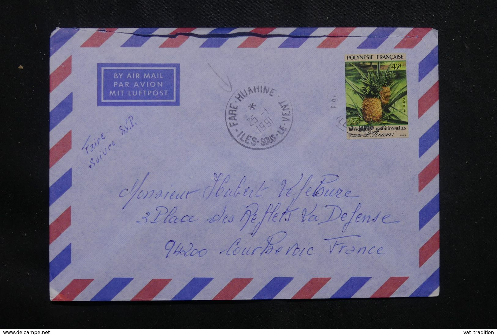 POLYNÉSIE - Affranchissement De Fare-Huahine Sur Enveloppe  Pour Courbevoie En 1991 - L 65903 - Briefe U. Dokumente