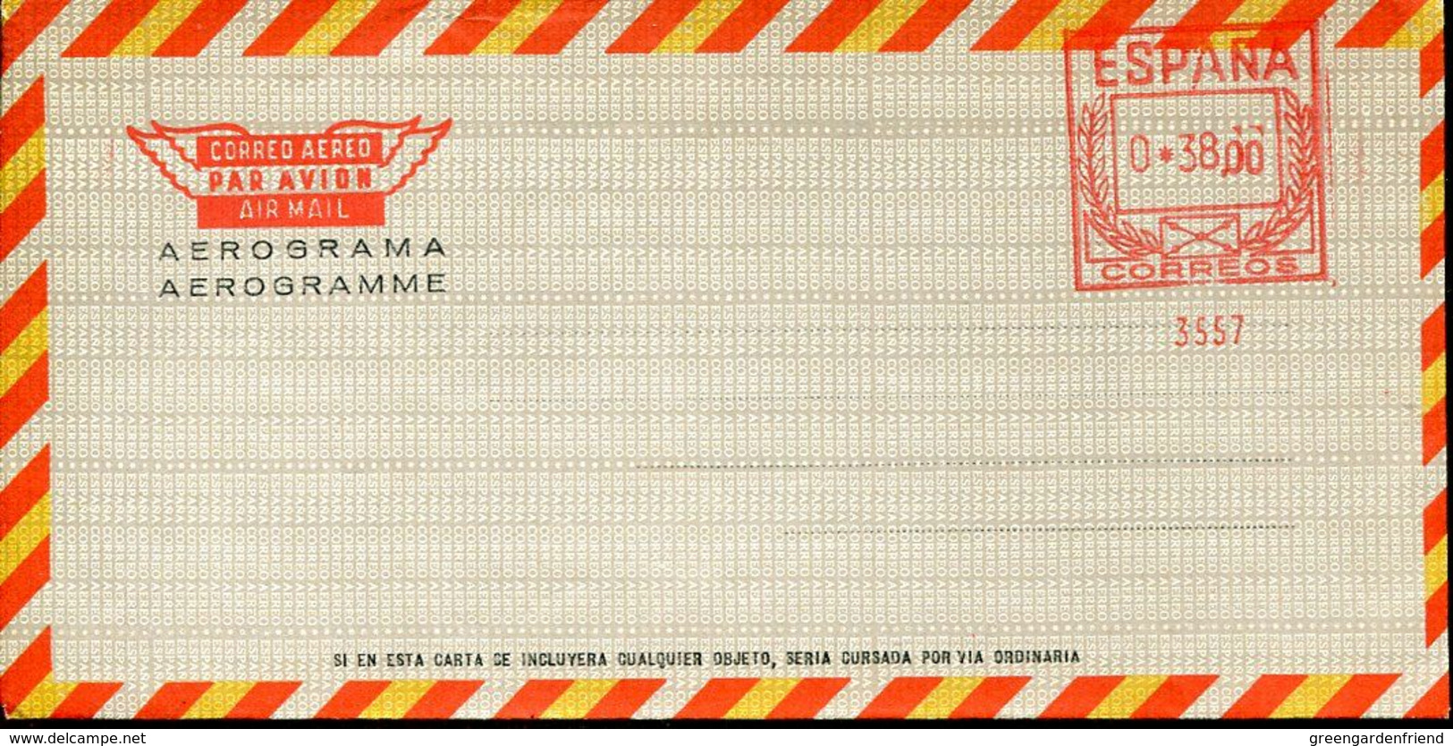 56375 Spain, Red Meter Freistempel Aerogramme Aerograma Ptas 38,00  Machine 3557 - Maschinenstempel (EMA)