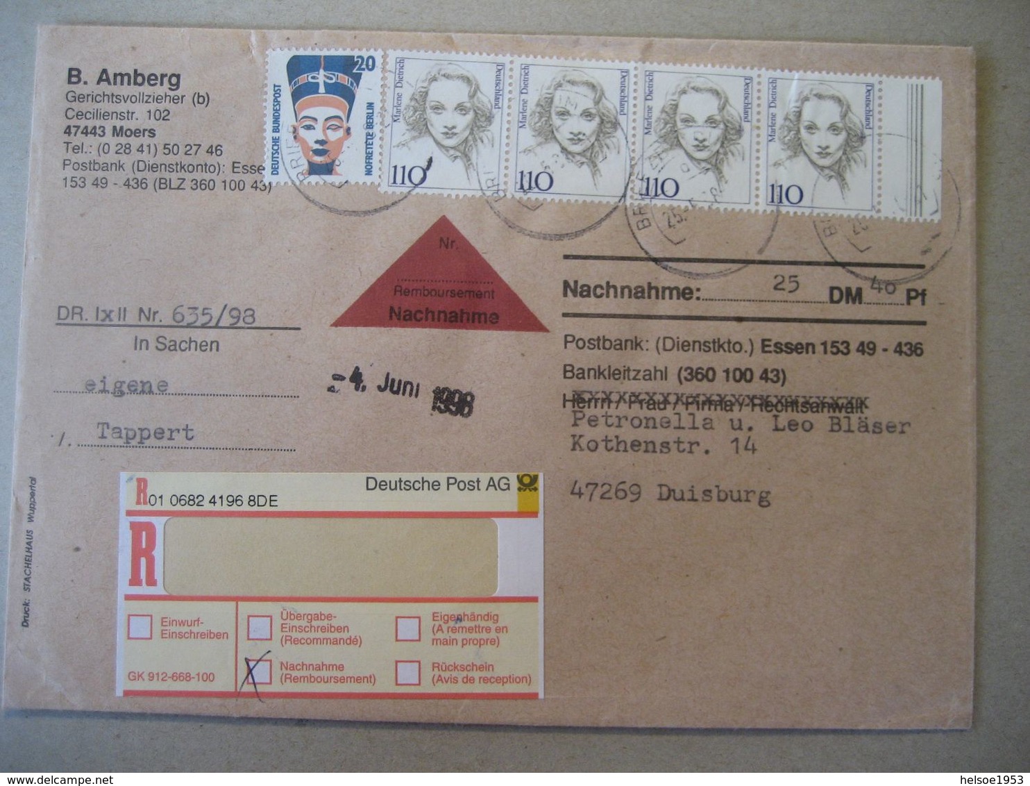 Deutschland BRD R-Zettel 1998- Nachnahmebrief Vom Gerichtsvollzieher Gelaufen Mit MeF Mi. 1933 Von Moers Nach Duisburg - R- & V- Labels