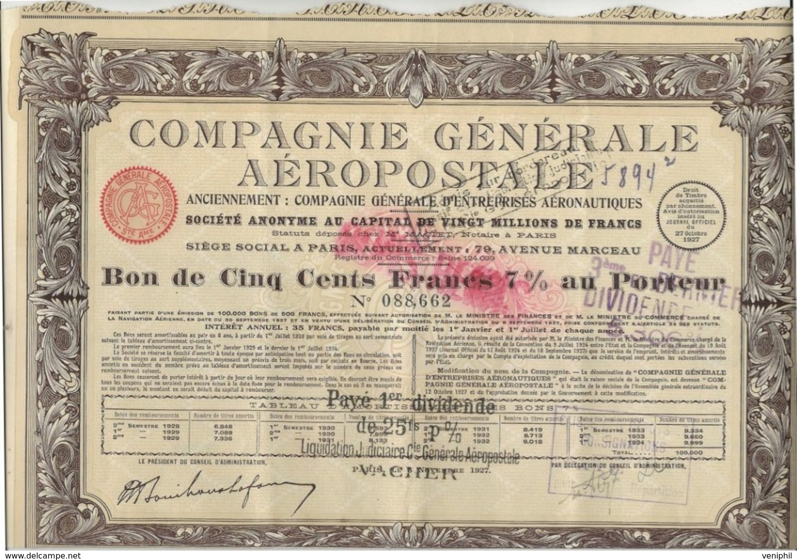COMPAGNIE GENERALE AEROPOSTALE- LOT DE 3 BONS DE 500 FRS 7 % AU PORTEUR -ANNEE 1927 - Aviazione