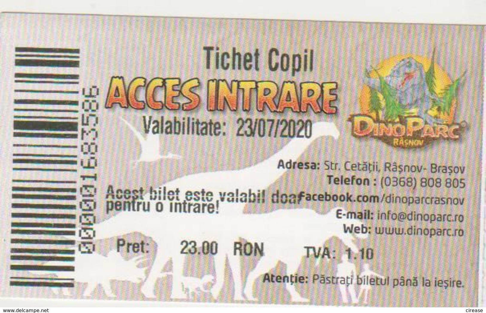 TICKET DINOSAUR PARK PREHISTORIC ANIMALS  ROMANIA - Autres & Non Classés