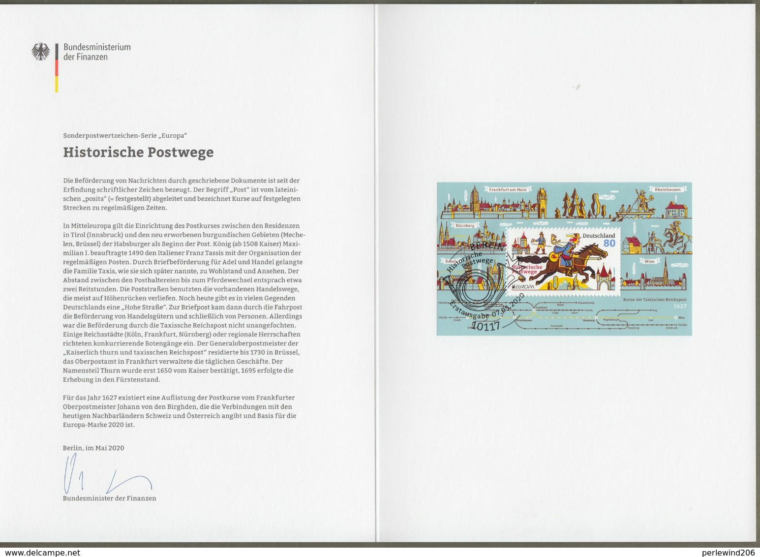 Bund Europe: Minister Card - Ministerkarte, Mi-Nr. 3545, Bl. 86 ESST: " Europa 2020: - Historische Postwege - "      X - Covers & Documents