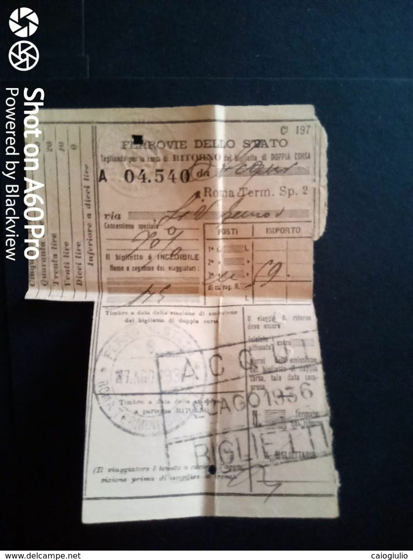 BIGLIETTO - TICKET F.S. - FERROVIE DELLO STATO -  ACQUI ROMA TERMINI - 1936 - Europe