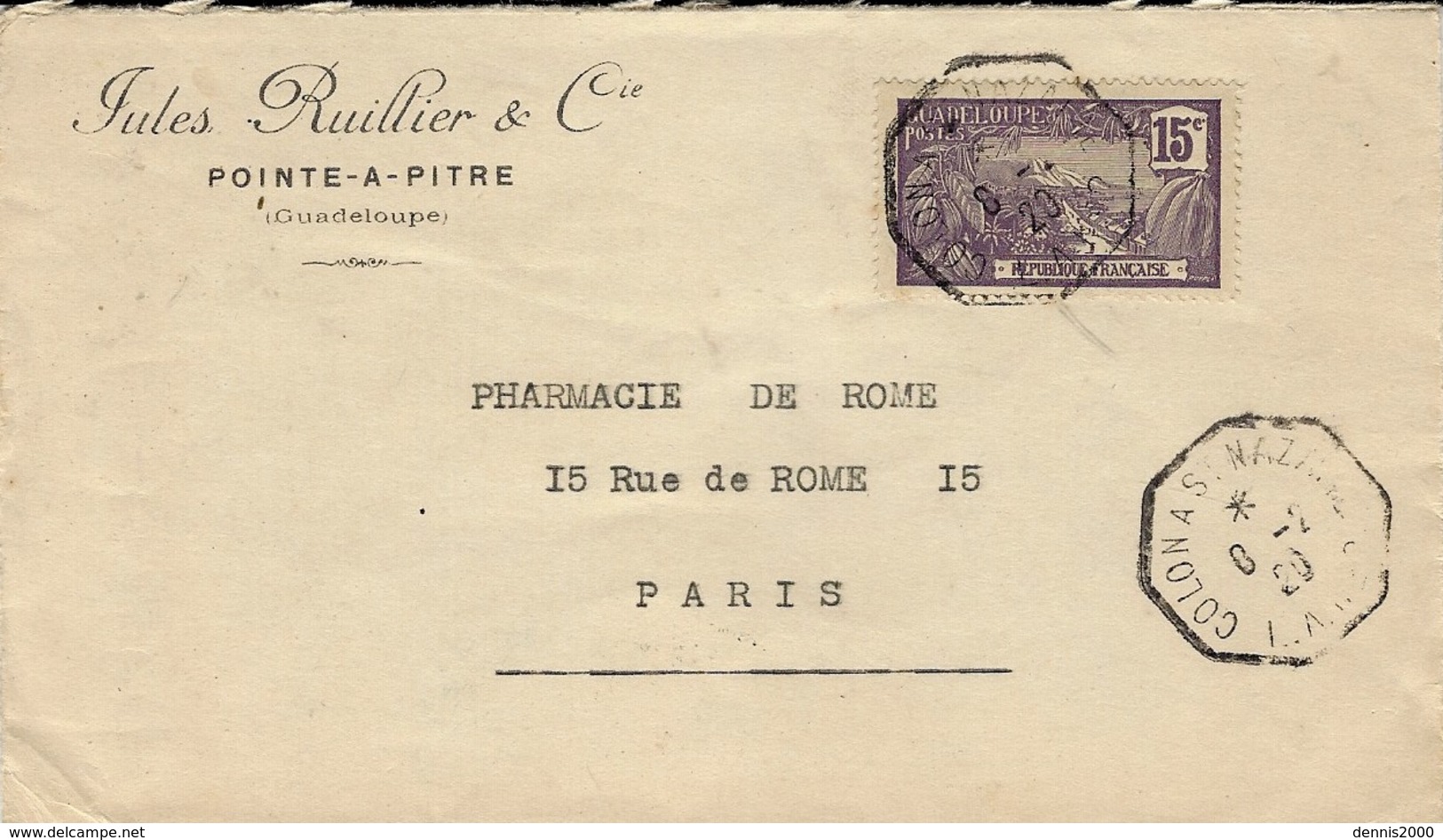 1920- Enveloppe De Pointe-à-Pitre Pour Paris Affr. 15 C Oblit. Cad  Octogonal COLON A S. NAZAIRE L N  ... - Briefe U. Dokumente