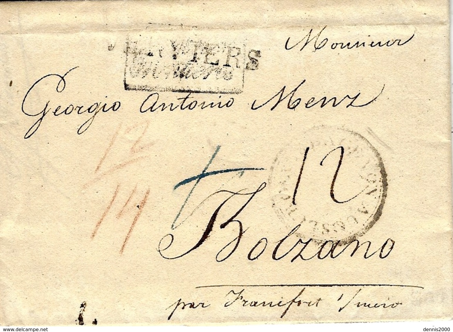 1817- Letter From VERVIERS To Bolzano - " Par Francfort ... "   Some Rating  ( Auslage Augsburg ) ) - 1815-1830 (Hollandse Tijd)