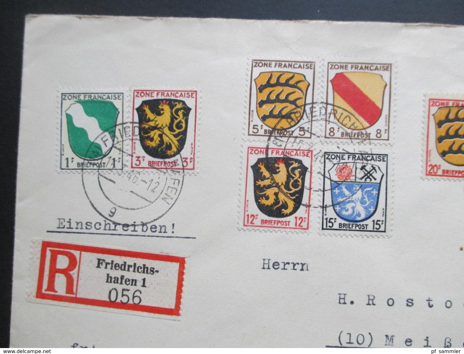 Französische Zone 1946 Allg. Ausgabe MiF Mit 8 Marken Einschreiben Friedrichshafen 1 Rücks. Sonderstempel Meissen - Other & Unclassified