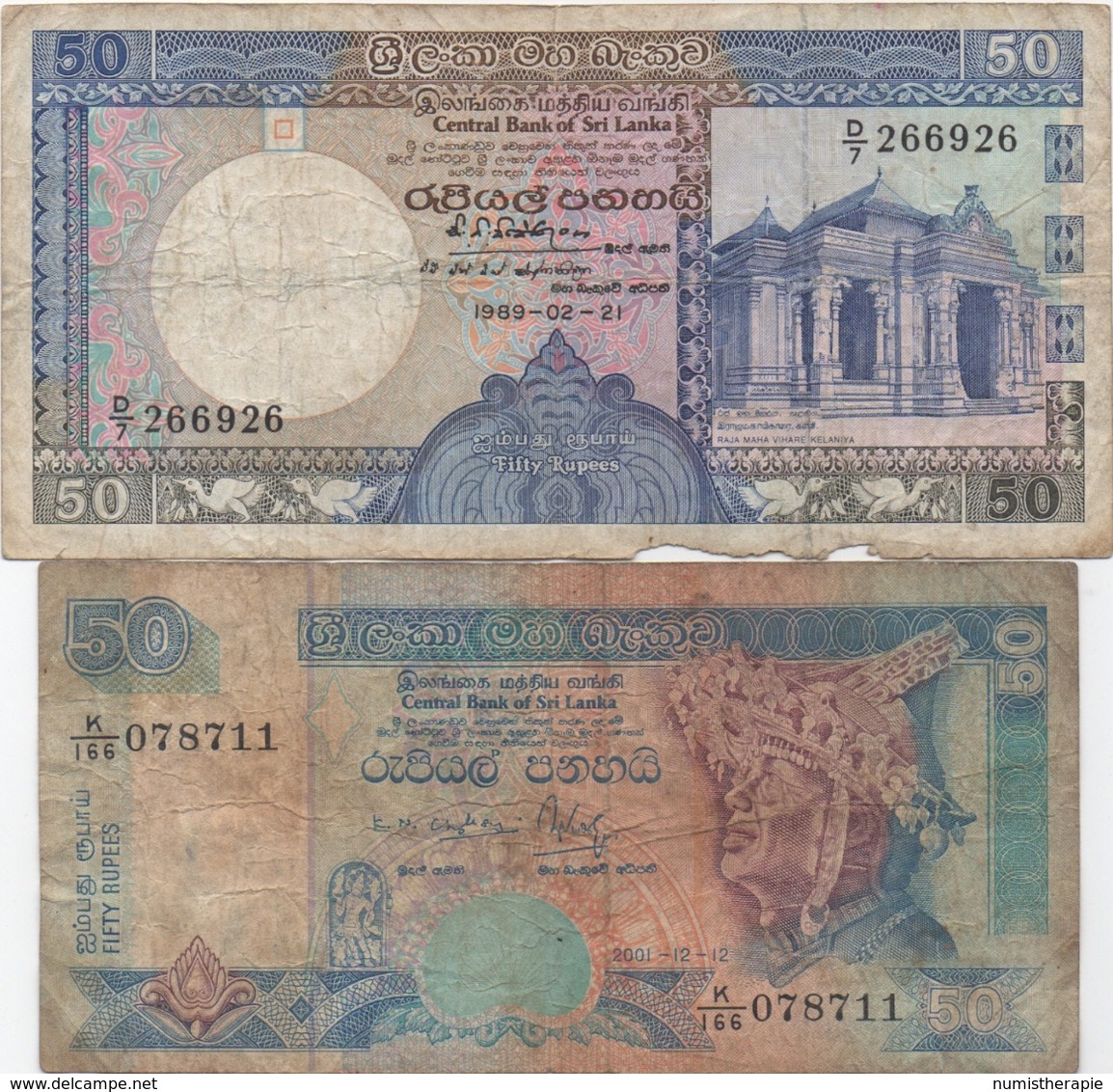 Sri Lanka : Lot De 2 Billets : 50 Rupees 1989 (très Mauvais état) + 50 Rupees 2001 (très Mauvais état) - Sri Lanka