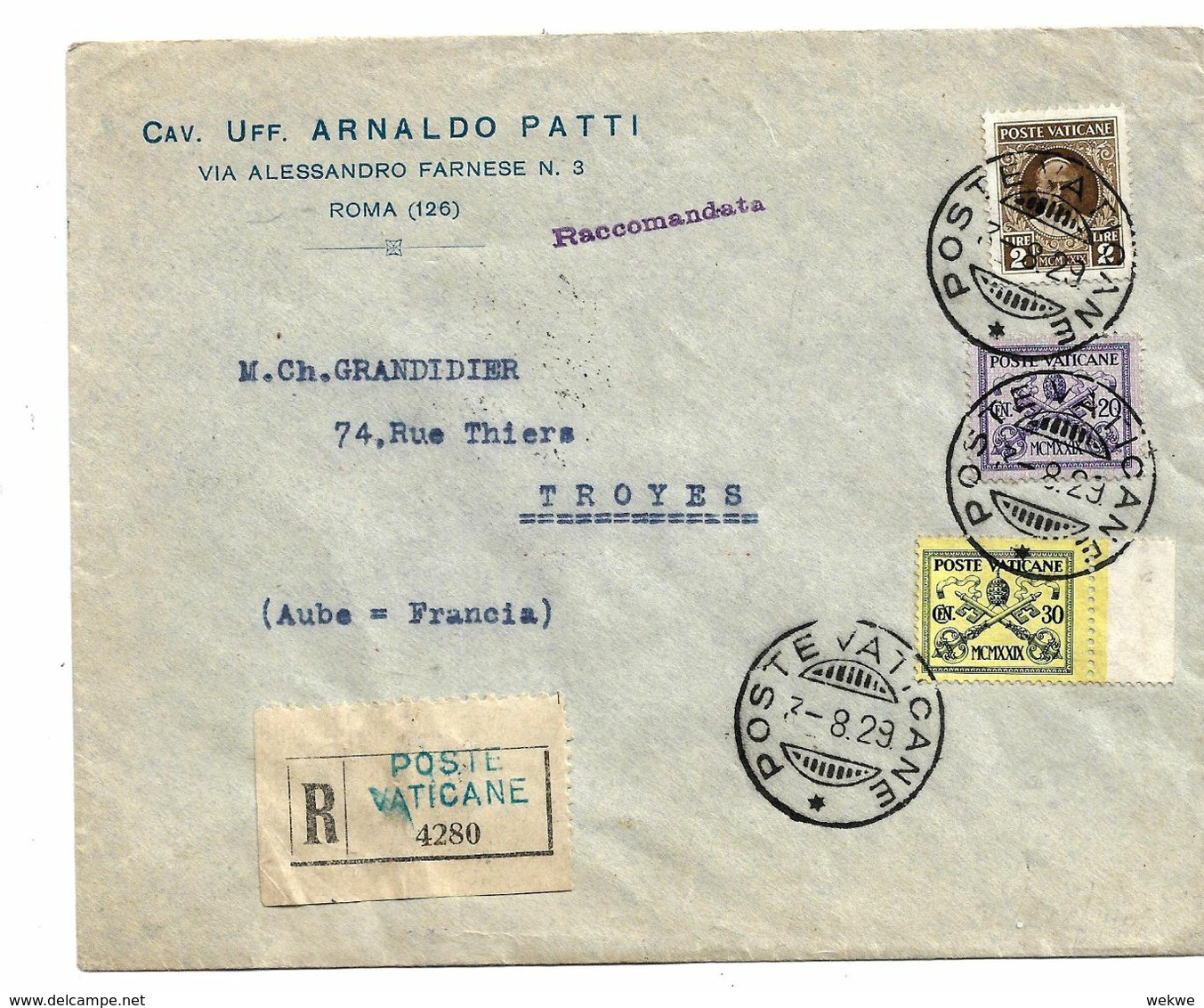 Vat011 / VATICAN  - Einschreiben, Frankiert Mit Marken Der Ersten Ausgabe 1929 Nach Troyes/Frankreich - Covers & Documents