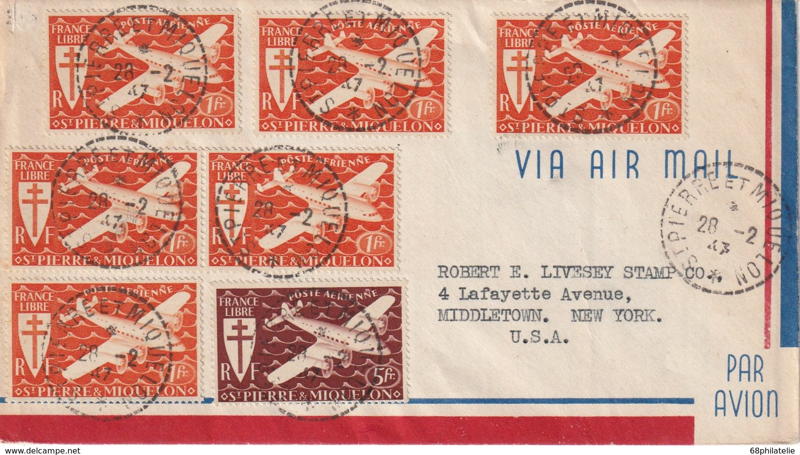 ST-PIERRE ET MIQUELON  1947 PLI AERIEN POUR NEW YORK - Covers & Documents