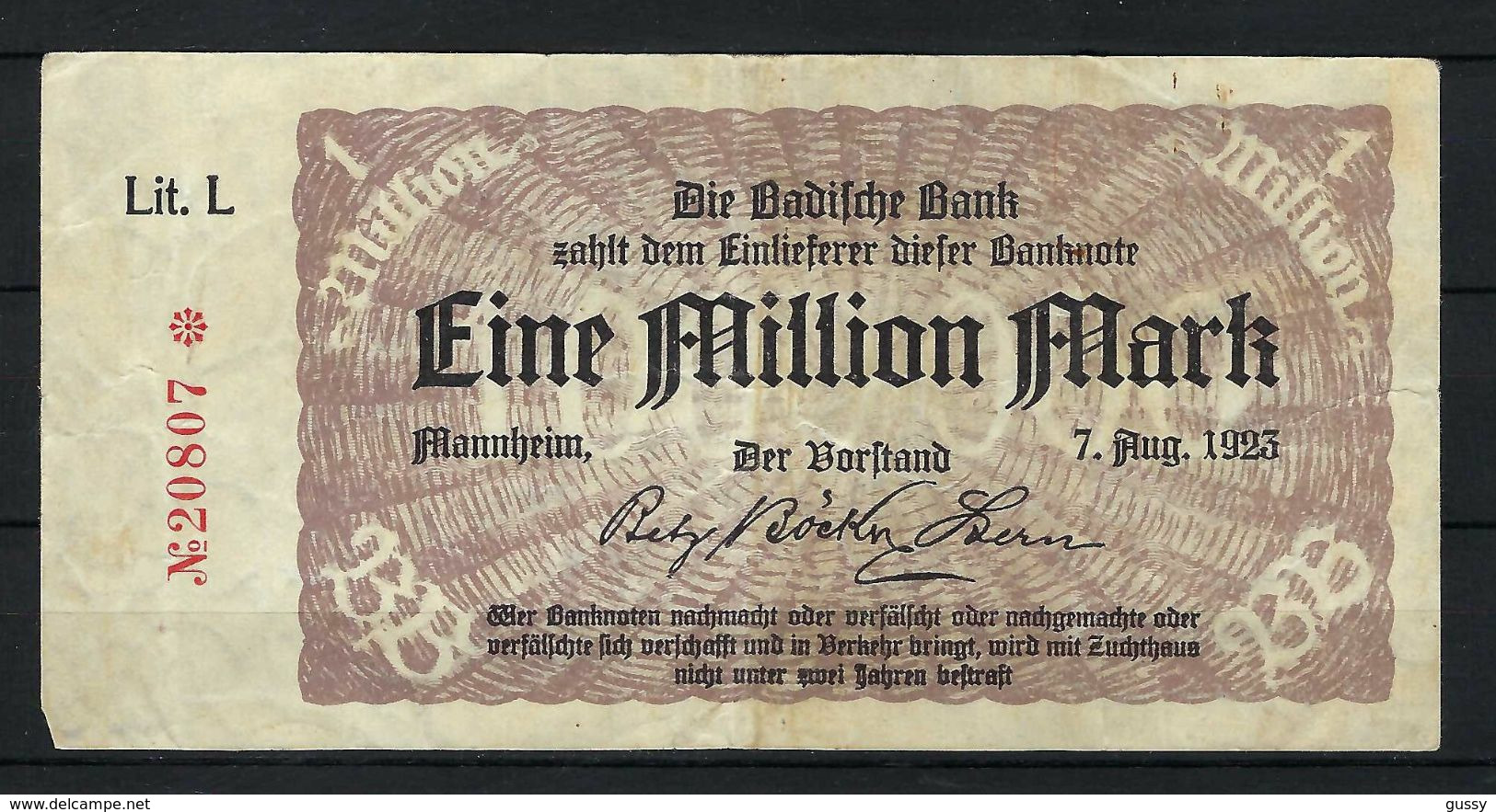 ALLEMAGNE 1923:  Billet De 1 Mo. De Mark De La Badische Bank, Bon état - 1 Million Mark