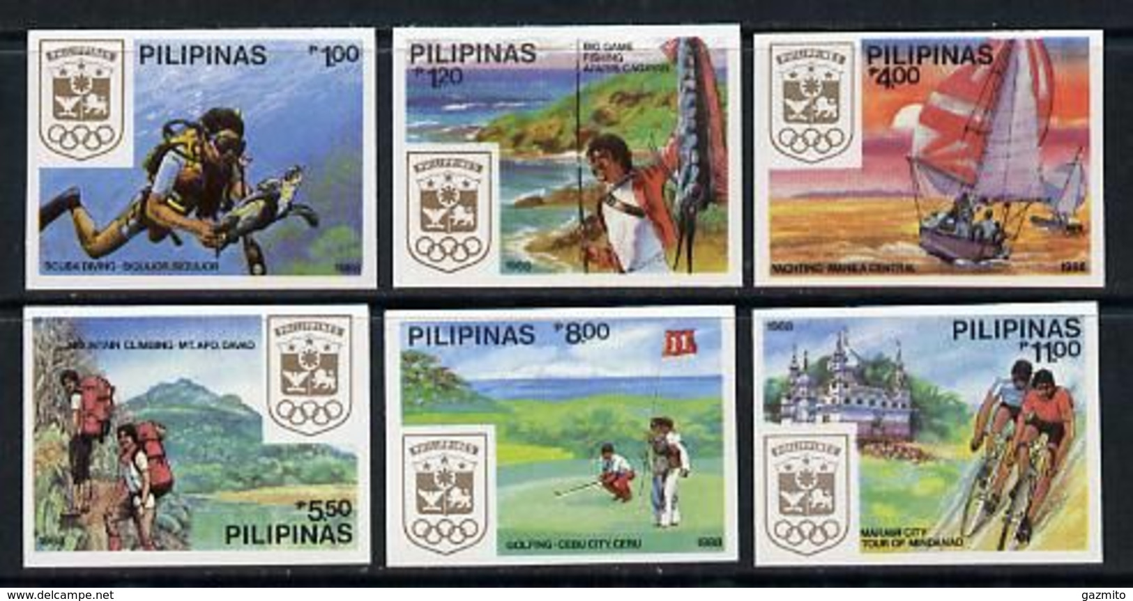 Philippines 1988, Sport, Diving, Turtle, Fishing, Shipping, Climbing, Golf, Cycling, 6val IMPERFORATED - Immersione