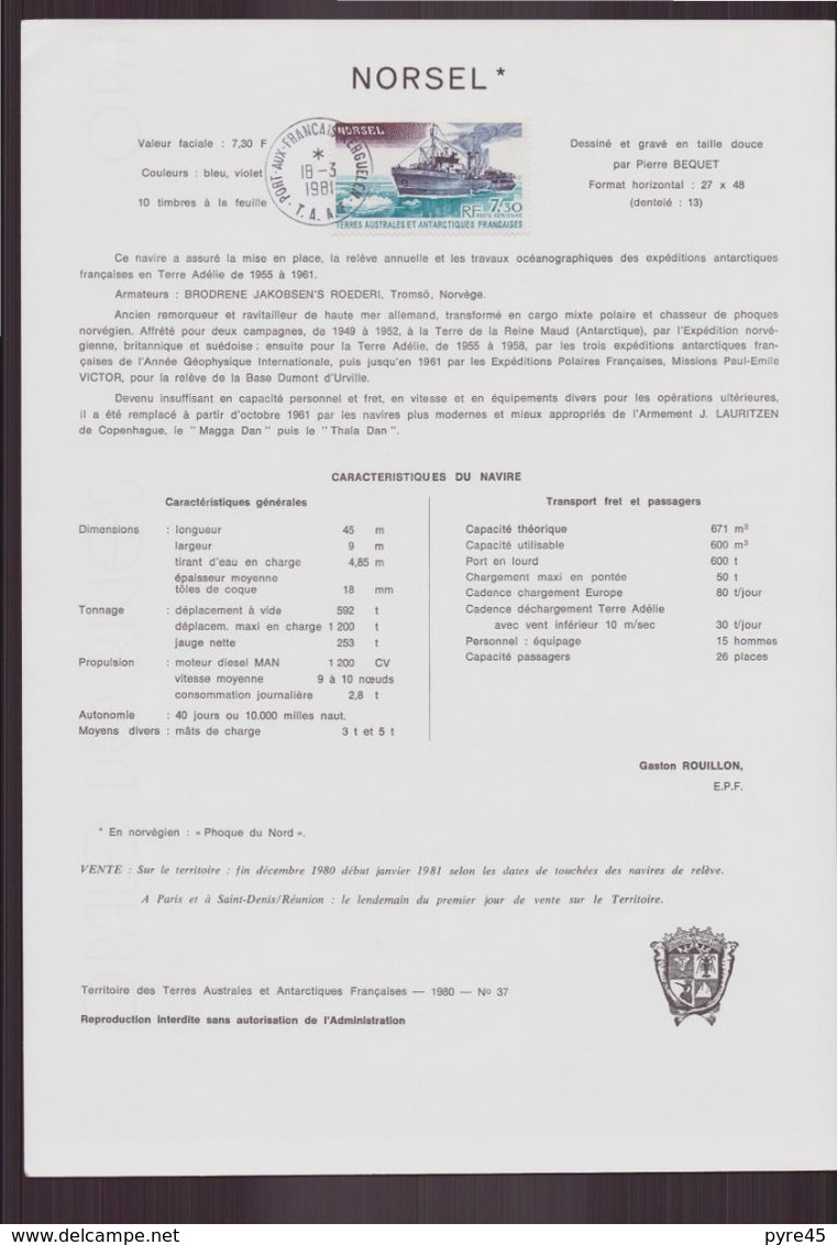 TAAF, Document De La Poste Du 18 Mars 1981 Port Aux Français Kerguelen " Norsel " - Autres & Non Classés