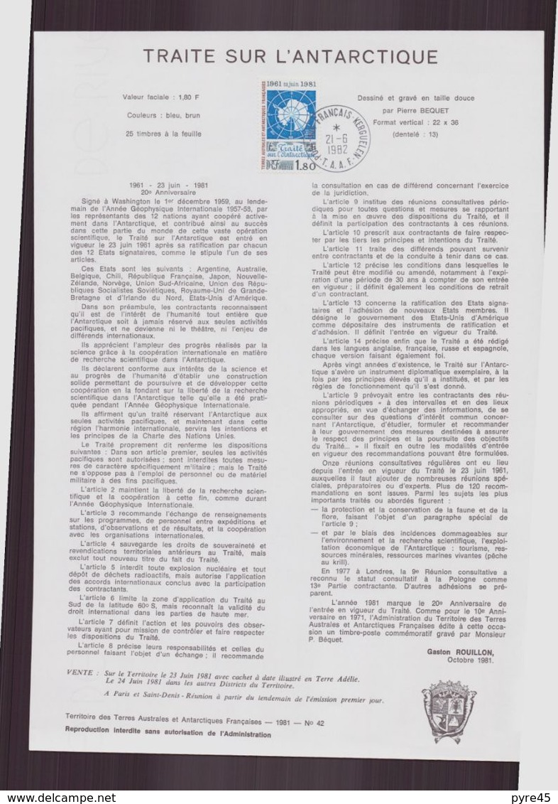 TAAF, Document De La Poste Du 21 Juin 1982 Port Aux Français Kerguelen " Traité Sur L'Antarctique " - Autres & Non Classés