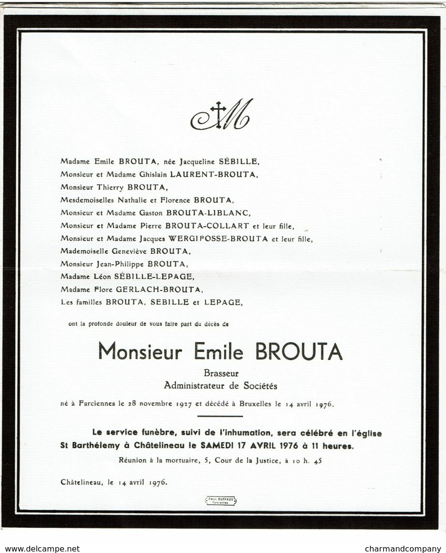 Faire Part De Décès - Emile BROUTA - Brasseur - Farciennes 1927 / 1976 - Voir Scan - Obituary Notices