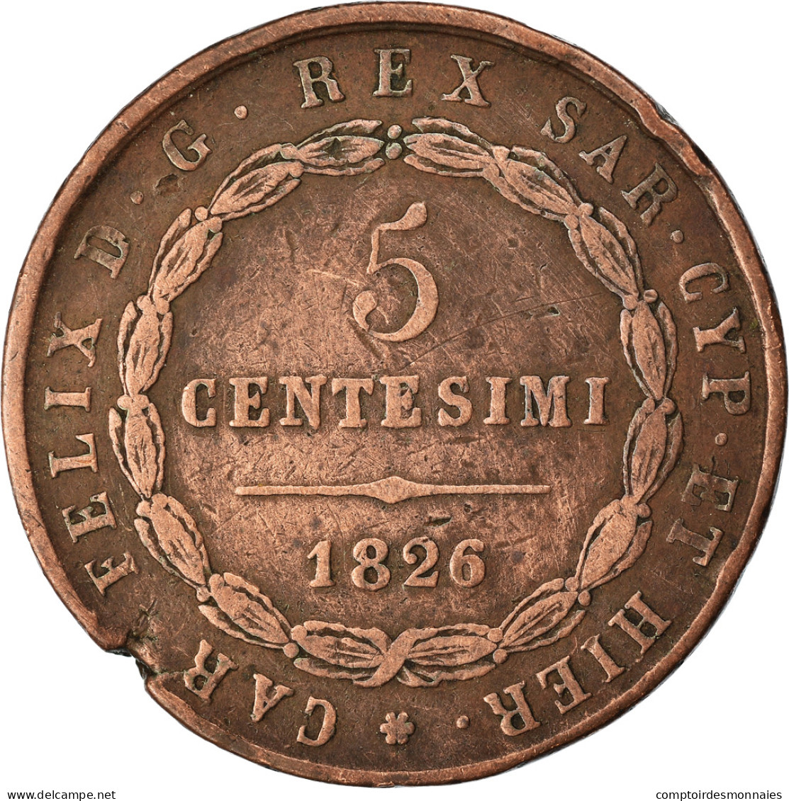 Monnaie, États Italiens, SARDINIA, Carlo Felice, 5 Centesimi, 1826, Genoa, TB+ - Italian Piedmont-Sardinia-Savoie