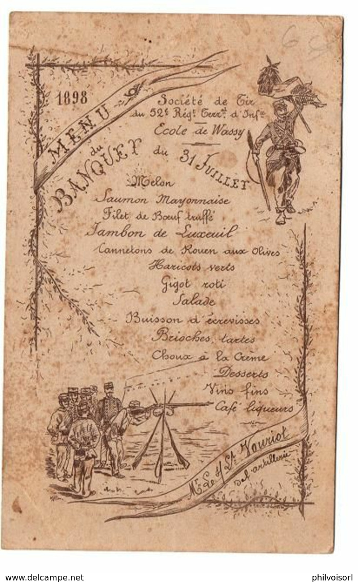 MENU DE 1898 SOCIETE DE TIR ECOLE DE WASSY PORTE DRAPEAU EXERCICE DE TIR SUPERBE - Menükarten