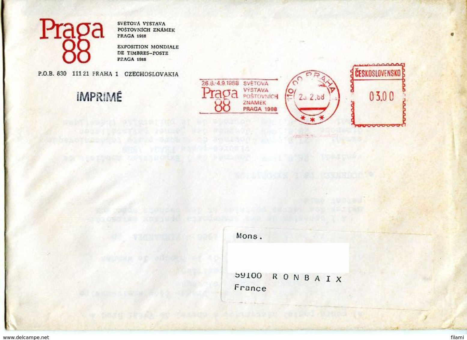 EMA Praga 88 Sur Enveloppe En Tête, Lettre Praha1 25.02.1988 - Covers & Documents