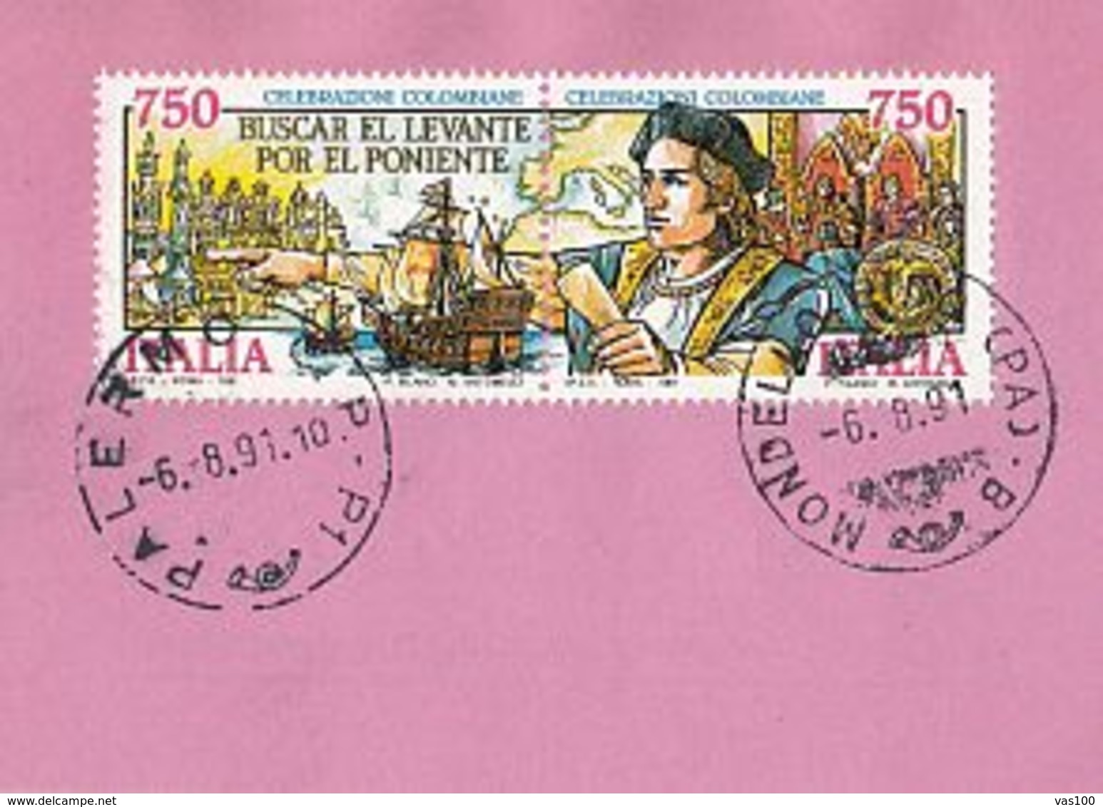 TRANSPORTATION TICKETS, MN  LEONARDO DA VINCI SHIP, ONE WAY TICKET, CHRISTOPHER COLUMBUS STAMP, 1991, ITALY - Europa