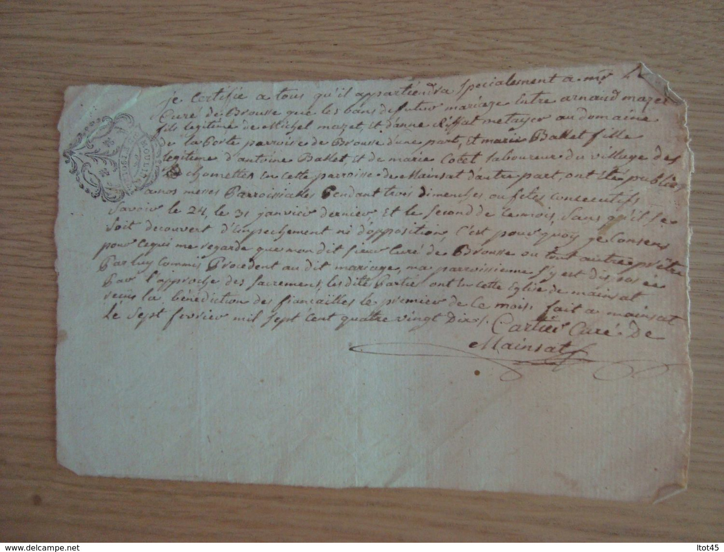 CACHET DE GENERALITE SUR 1/2 FEUILLE MOULINS SIGNATURE CURE DU VILLAGE DE MAINSAT CREUSE - Matasellos Generales