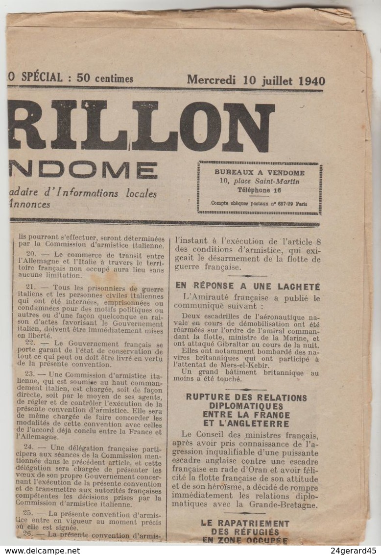 JOURNAL HEBDOMADAIRE 4 PAGES "LE CARILLON DE VENDOME" N°3194 DU 10/07/1940 (Ce Journal N'est Pas Un Fac-similé) - Other & Unclassified