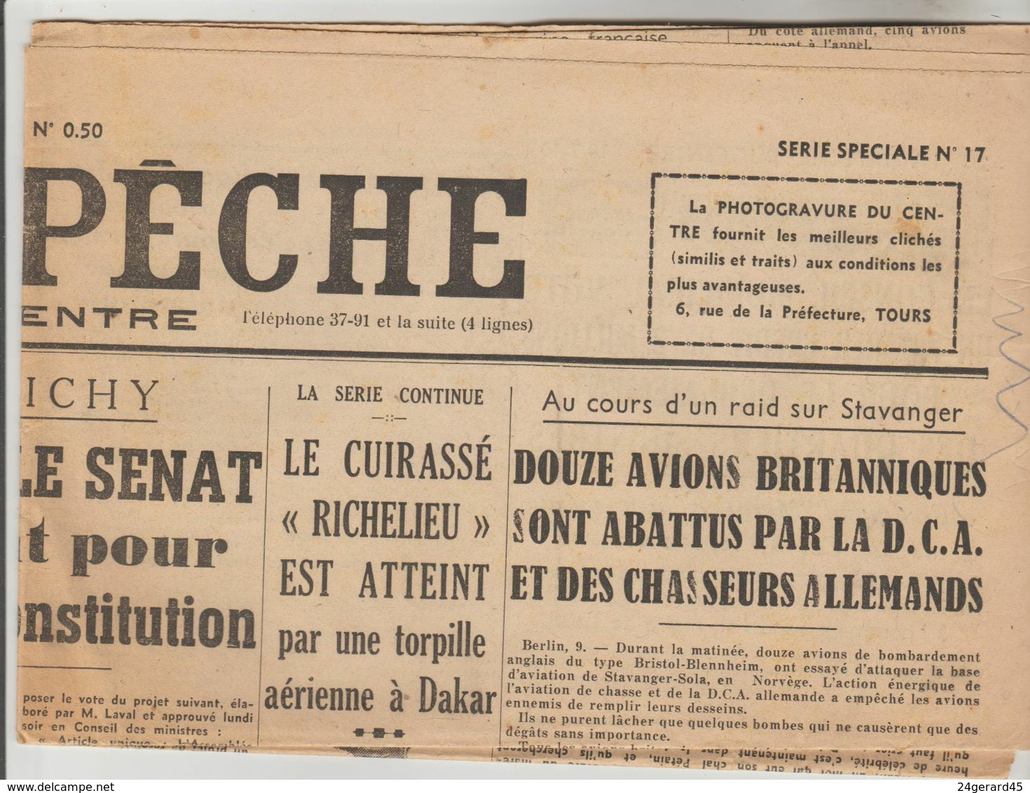 JOURNAL QUOTIDIEN 2 PAGES "LA DEPECHE DU CENTRE" N°17 DU 10/07/1940 (Ce Journal N'est Pas Un Fac-similé) - Other & Unclassified