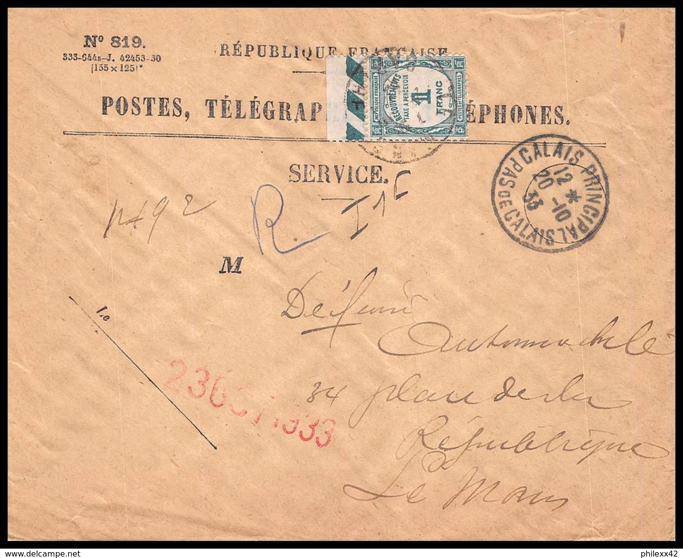 53304 Calais Principal 1933 Taxe N°60 1f Vert Bord De Feuille Le Mans Sarthe Lettre Recommandé Cover France - 1859-1959 Lettres & Documents