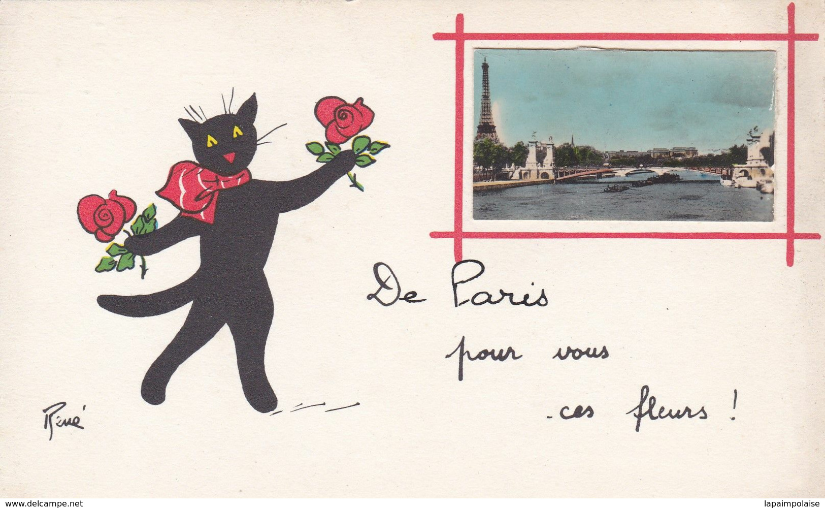 Cartes Postales Thèmes Illustrateur René Chat Avec Fleurs " De Paris Pour Vous Ces Fleurs " - Zsolt