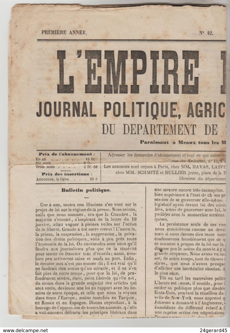 JOURNAL QUOTIDIEN 4 PAGES "L'EMPIRE LIBERAL" N°42 DU 18/02/1868 (Ce Journal N'est Pas Un Fac-similé) - 1850 - 1899