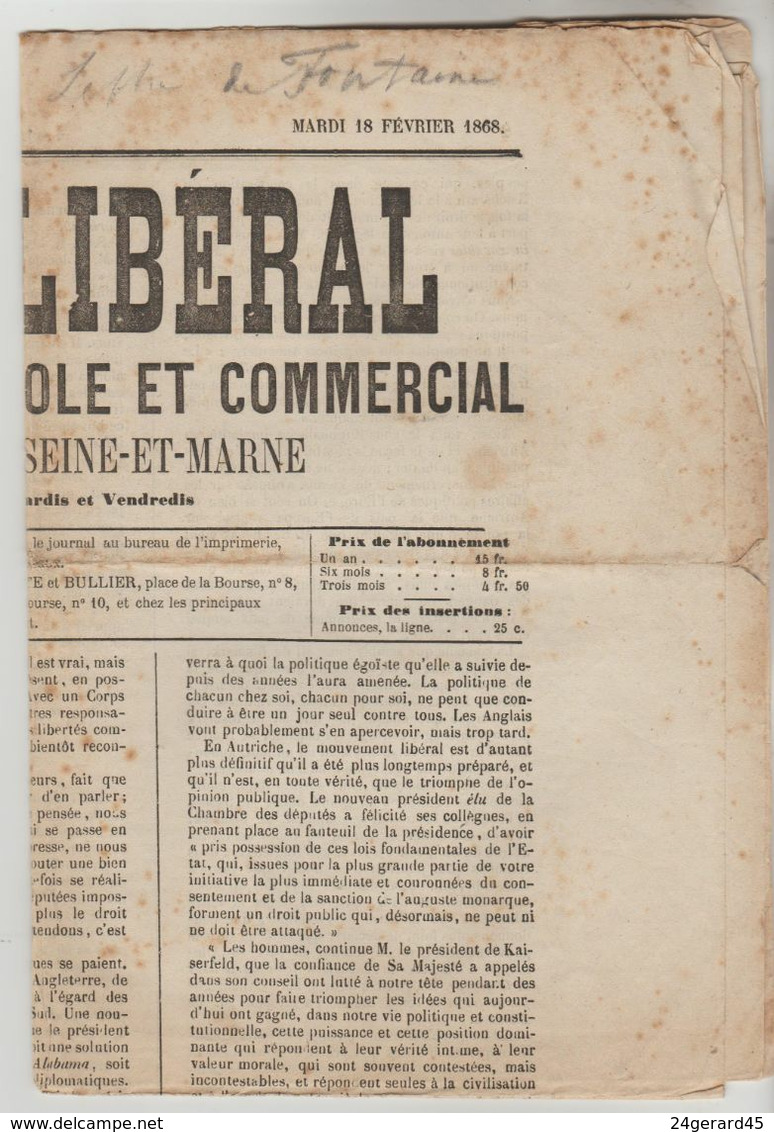 JOURNAL QUOTIDIEN 4 PAGES "L'EMPIRE LIBERAL" N°42 DU 18/02/1868 (Ce Journal N'est Pas Un Fac-similé) - 1850 - 1899