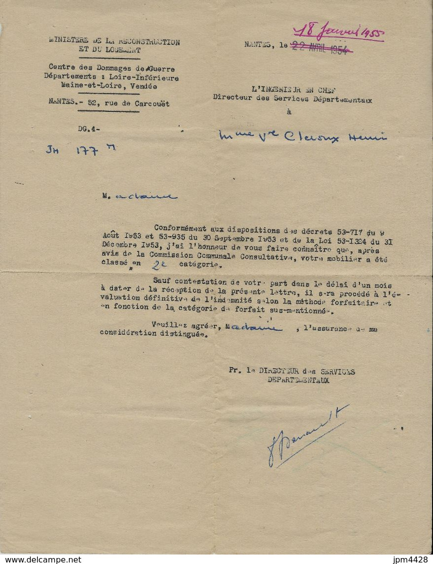 Vieux Papiers Circulaire Du Ministére De La Reconstrution Et Du Logement  Centre De Dommages De Guerre Nantes Avril 1954 - Decrees & Laws