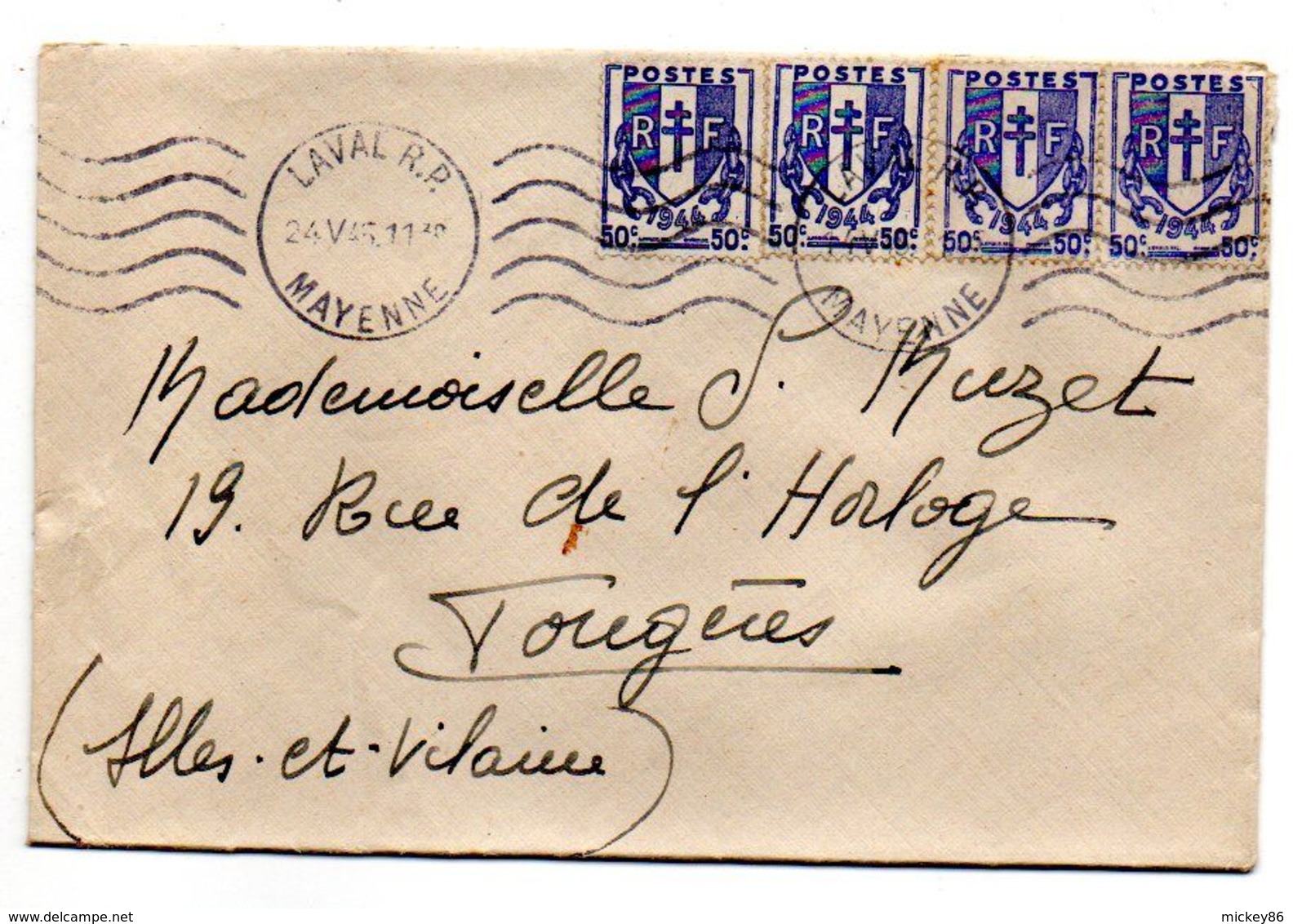 1945--Lettre De LAVAL-53 Pour FOUGERES-35, Tp Chaines Brisées 50c X4 ..Krag Laval-53 - 1921-1960: Periodo Moderno