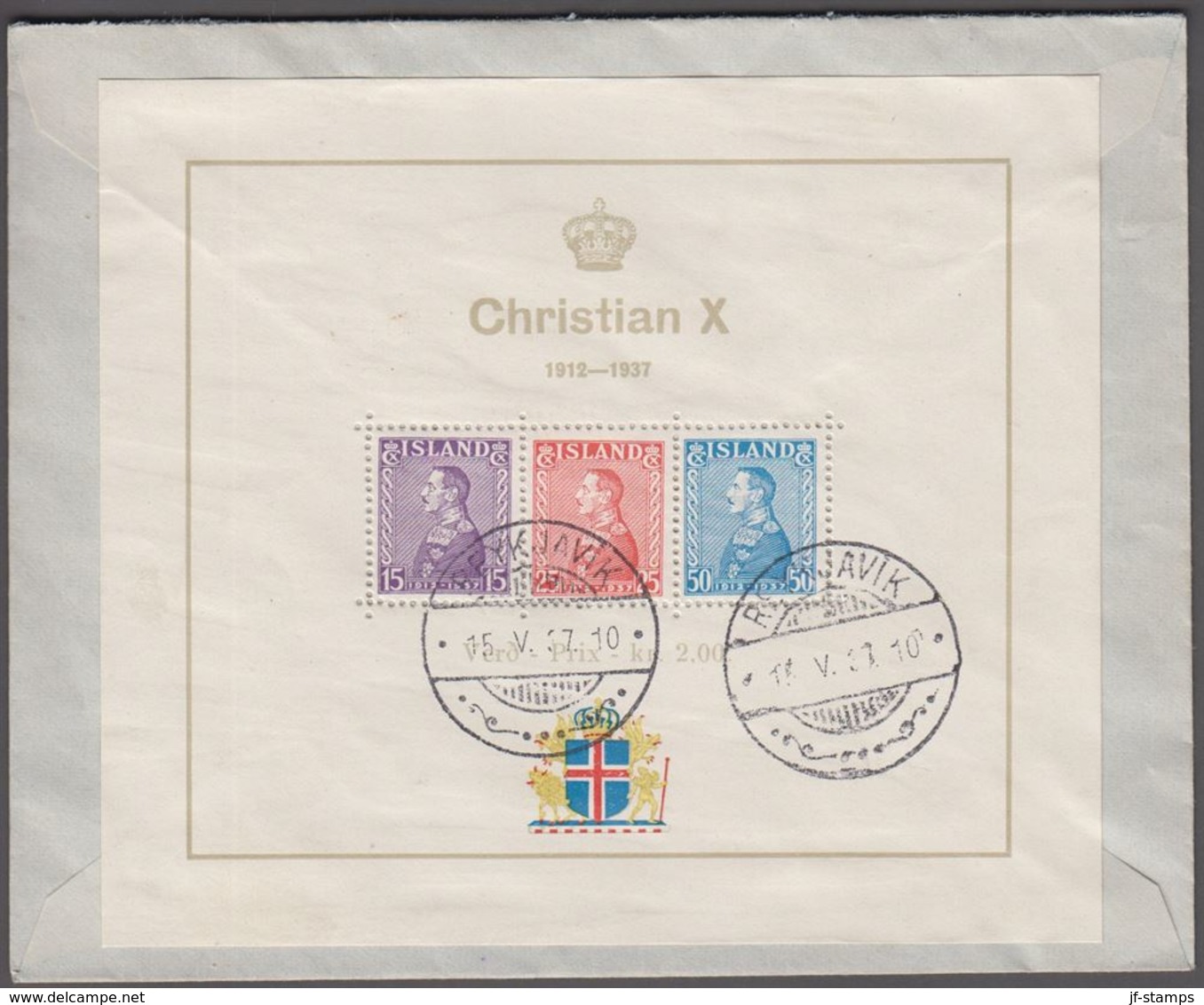 1937. Silver Jubilee Block Only 55.000 Issued. REYKJAVIK 15. V. 37. FDC Rare. (Michel 190-192 Bl. 1) - JF365076 - Brieven En Documenten