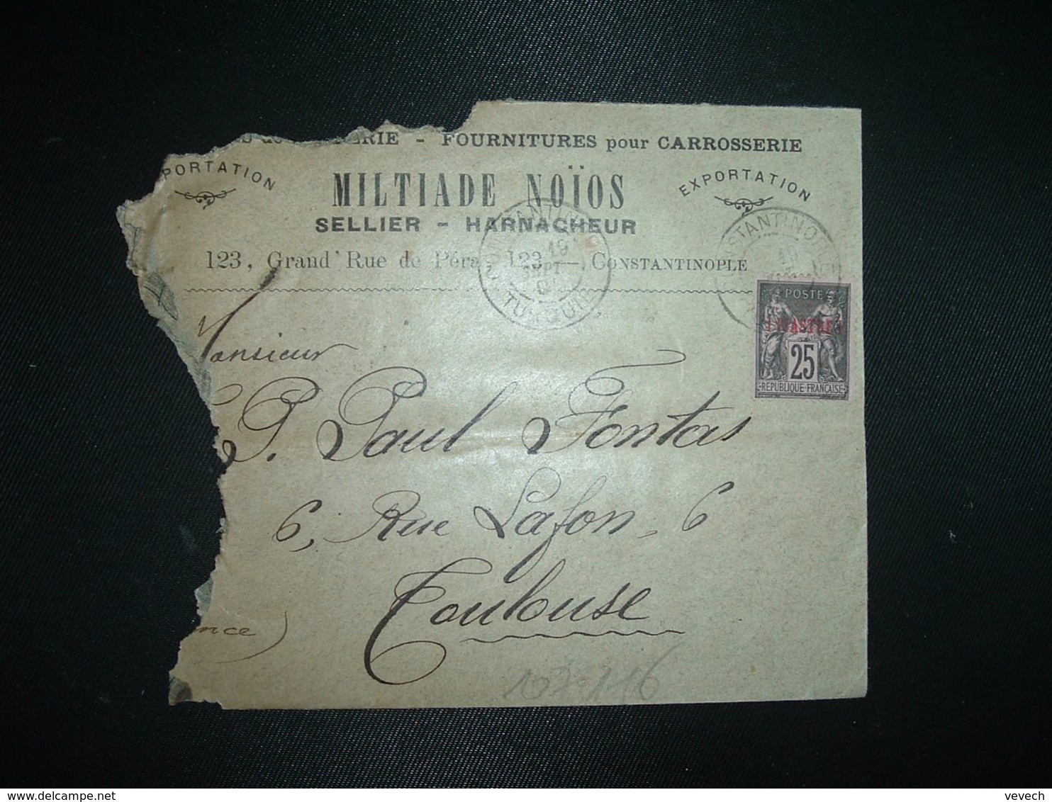 LETTRE Pour La FRANCE TP SAGE 25 Surch. 1 PIASTRE 1 OBL.19 SEPT 01 CONSTANTINOPLE TURQUIE + MILTIADE NOIOS SELLIER HARNA - Covers & Documents