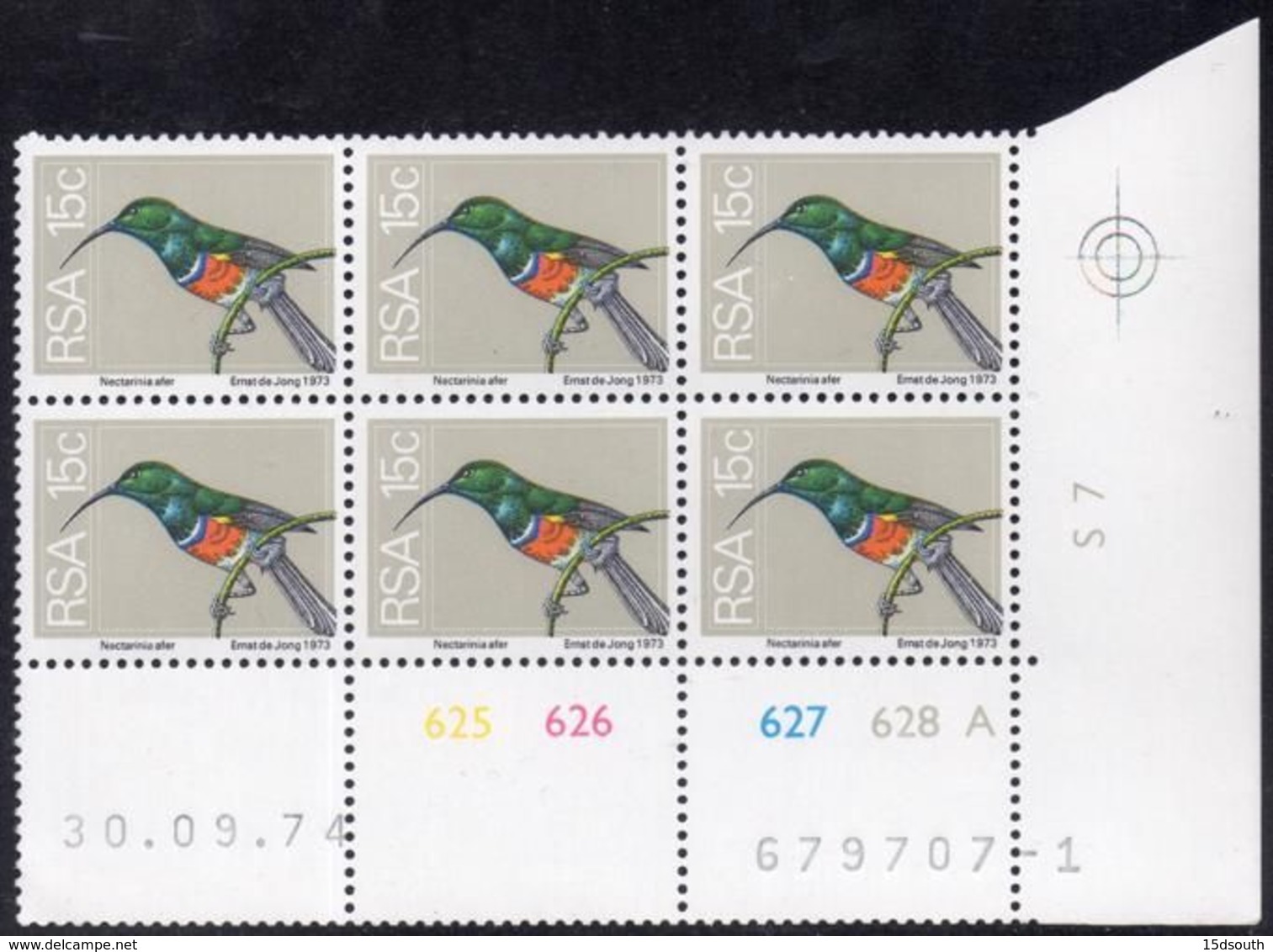 South Africa - 1974 2nd Definitive 15c Sunbird Control Block (1974.09.30) Pane A (**) # SG 358 - Blocks & Sheetlets