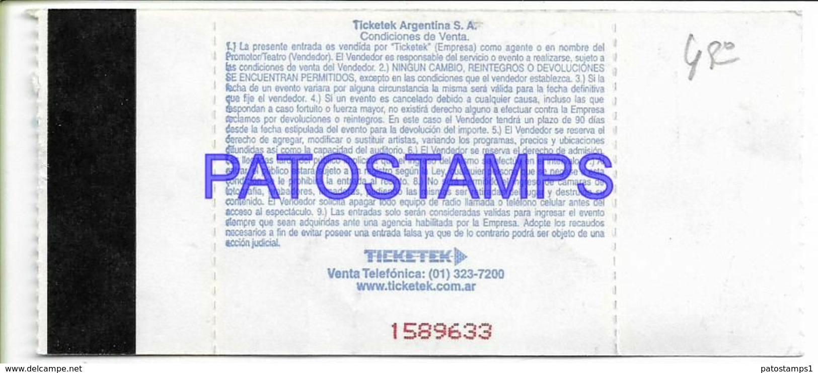 139218 ARGENTINA BUENOS AIRES TEATRO GRAN REX ARTIST SANDRO ENTRADA TICKET NO POSTAL POSTCARD - Konzertkarten