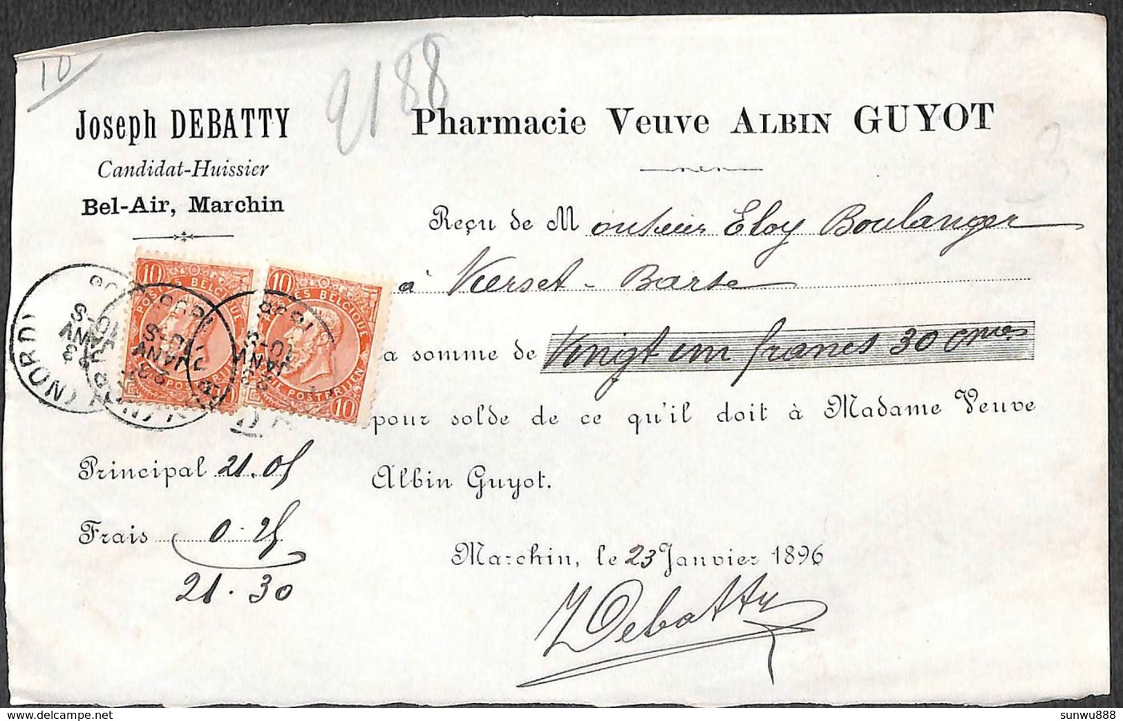 Quittance Joseph Debatty Marchin - Pharmacie Veuve Albin Guyot Timbres 1896 - 1800 – 1899
