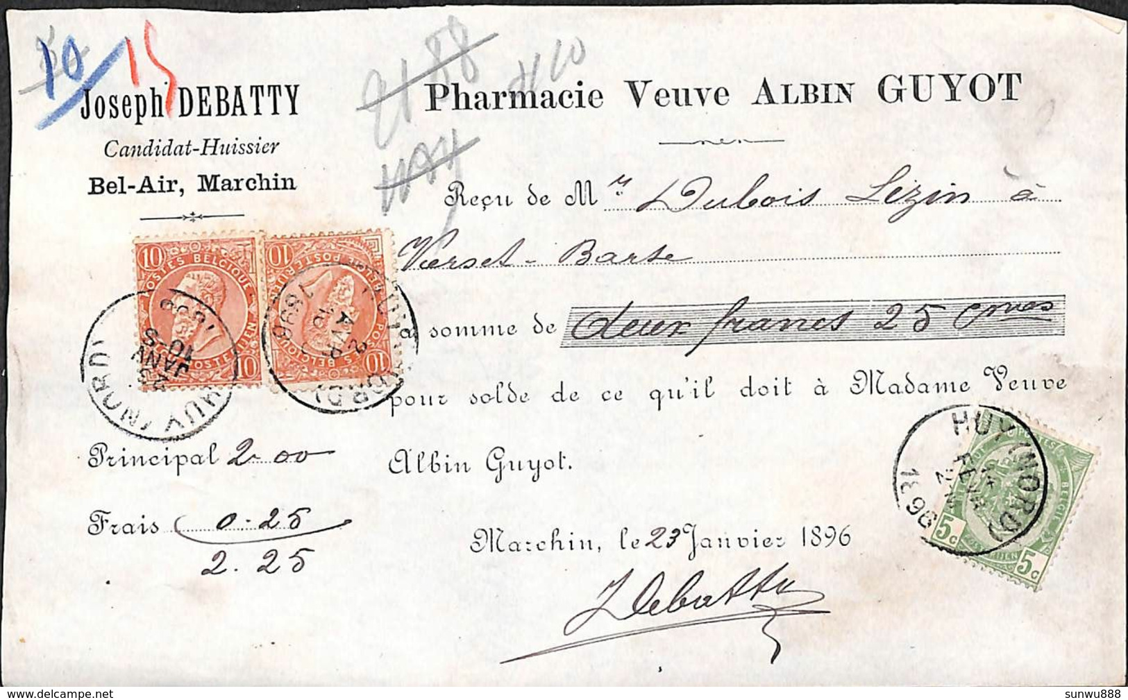 Quittance Joseph Debatty Marchin - Pharmacie Veuve Albin Guyot Timbres 1896 - 1900 – 1949