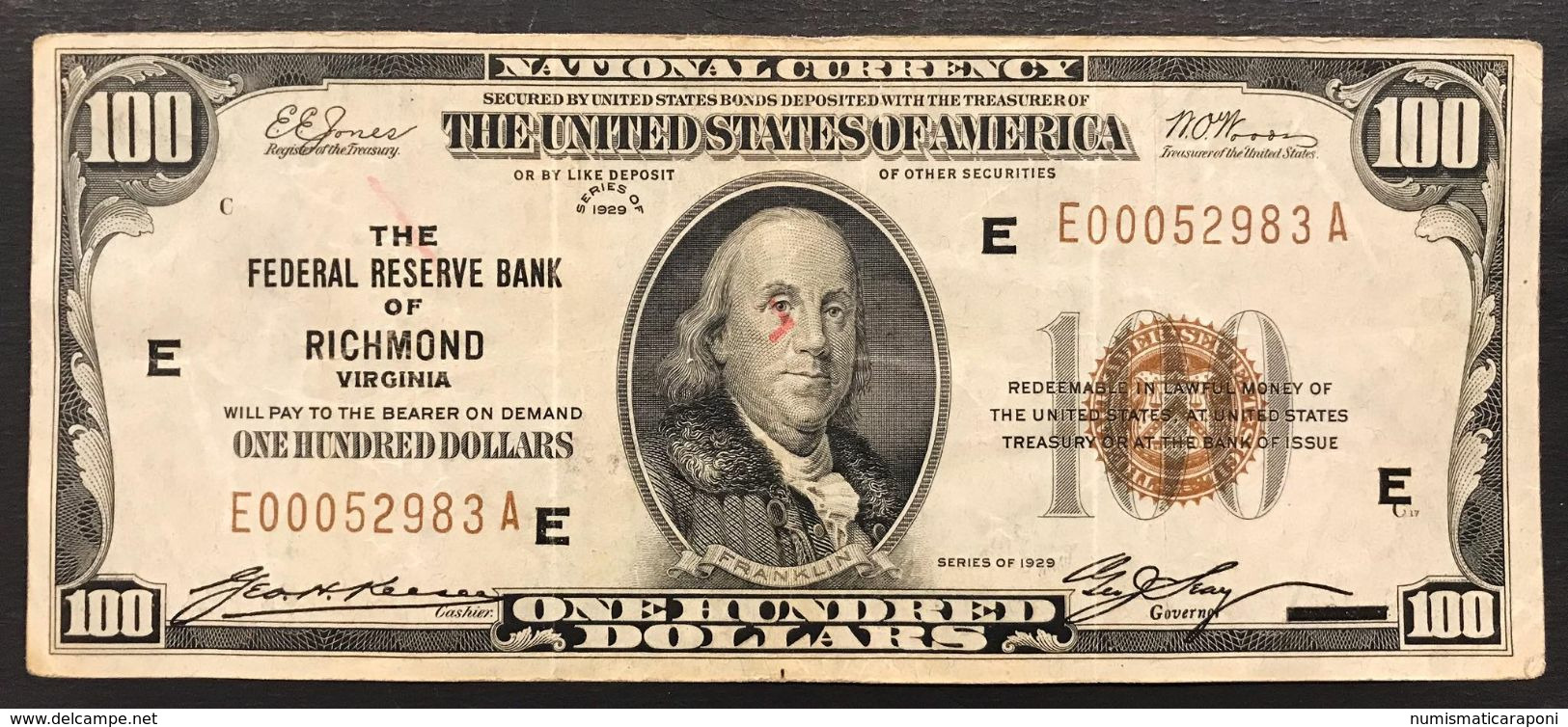 Usa 100 $ Dollar  DOLLARI 1929 FEDERAL RESERVE BANK Di Richmond Virginia Lotto 1828 - Biljetten Van De Verenigde Staten (1928-1953)