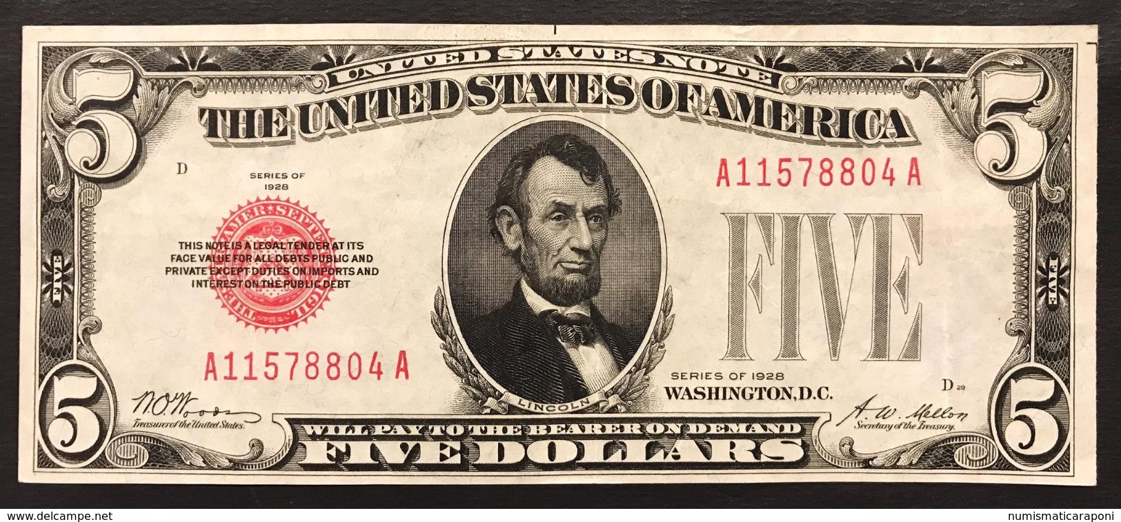 Usa 5 $ Dollar  DOLLARI 1928 Red Seal Lotto 2262 - Biglietti Degli Stati Uniti (1928-1953)