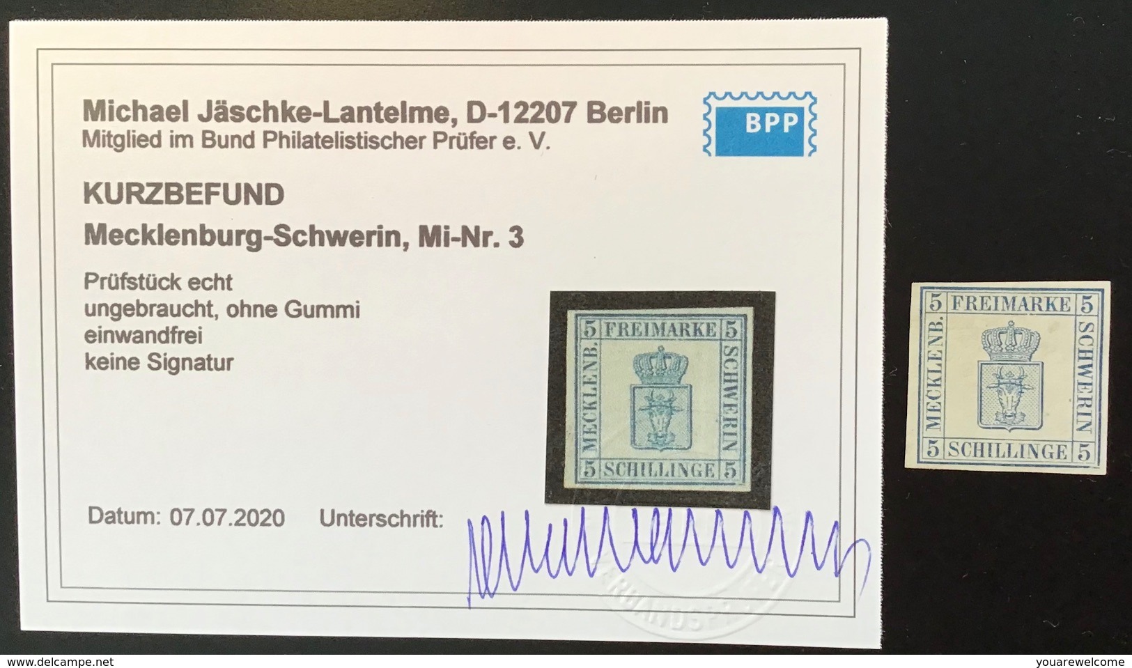 Mecklenburg-Schwerin Mi 3 PLATTENFEHLER Ungebraucht SELTEN ! 1856 5S Gepr Jäschke-Lantelme BPP(rare Unused Variety XF ! - Mecklenburg-Schwerin