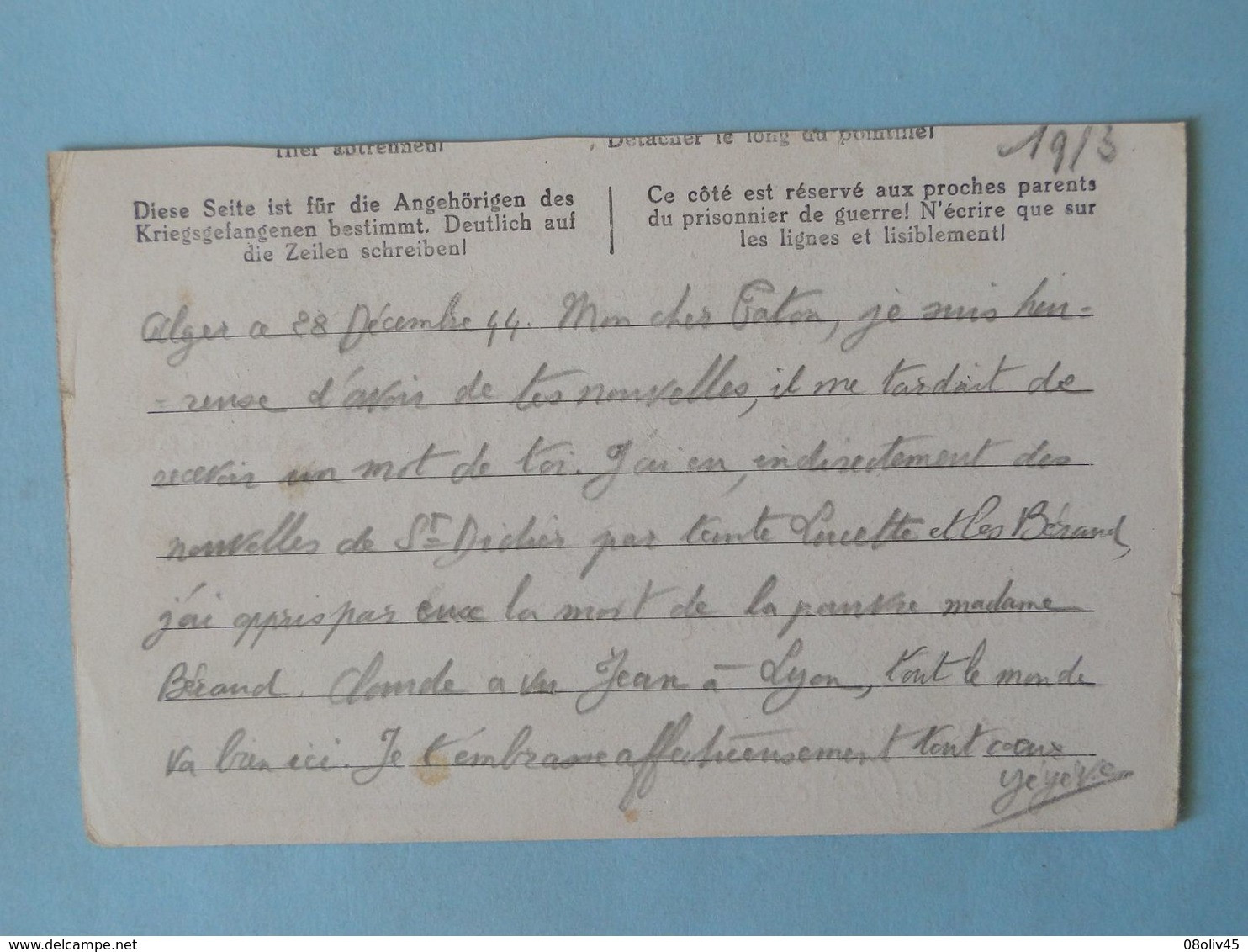 Militaria -- Guerre 39-45 -- Lettre De Bessières Geneviève à Alger Vers Commandant Rocas Gaston Prisonnier Guerre - Historische Documenten