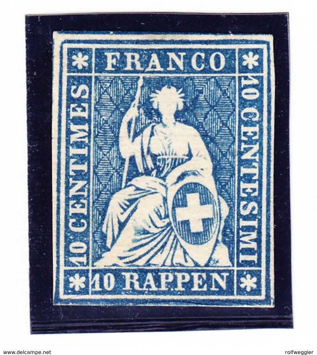 1859 Strubel 10 Rp Blau Grüner Seidenfaden Vollrandig Mit Originalgummi. KAT Nr. 23Ga. Fotoattest Renggli Nr. 26435. - Unused Stamps