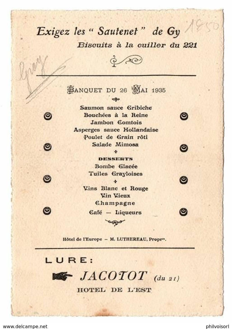 MENU DU 26/05/1935 PUBLICITE BISCUIRS A LA CUILLER SAUTENET HOTEL JACOTOT LURE 21 - Menükarten