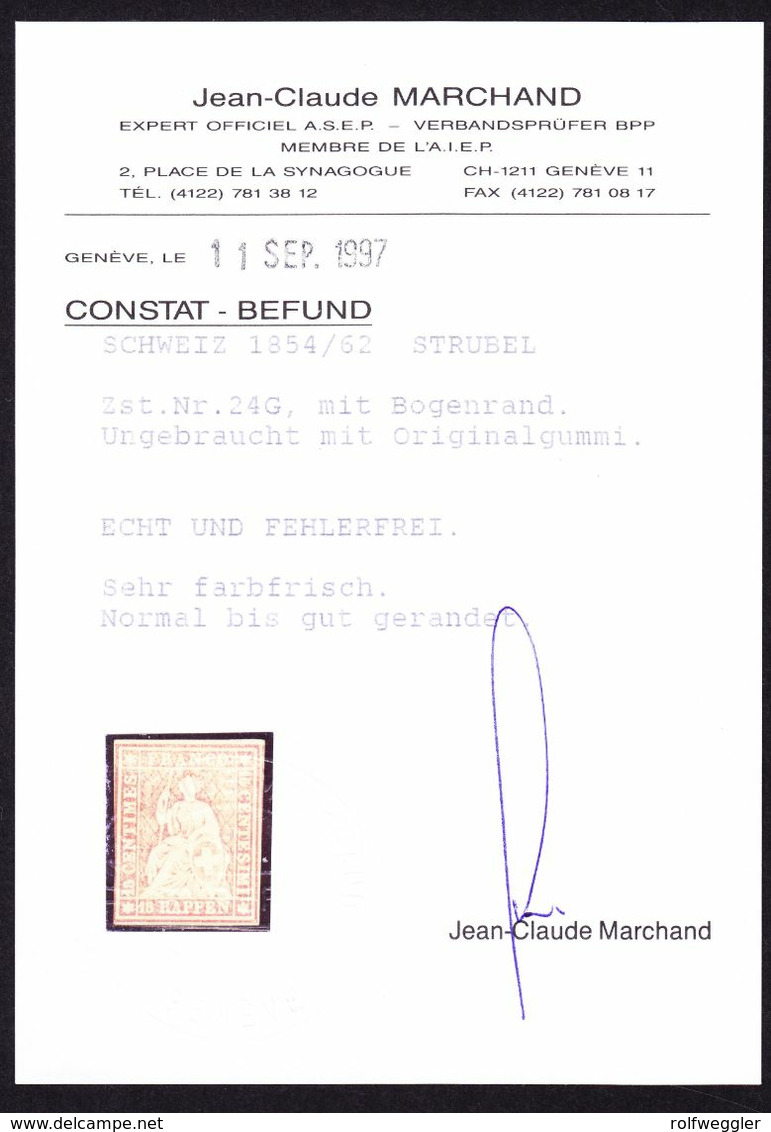 1854/62 15 Rp Rosa Ungebrauchte Strubel Marke Vollrandig. Viel Originalgummi. Fotobefund Marchand. KAT Nr. 24G - Unused Stamps