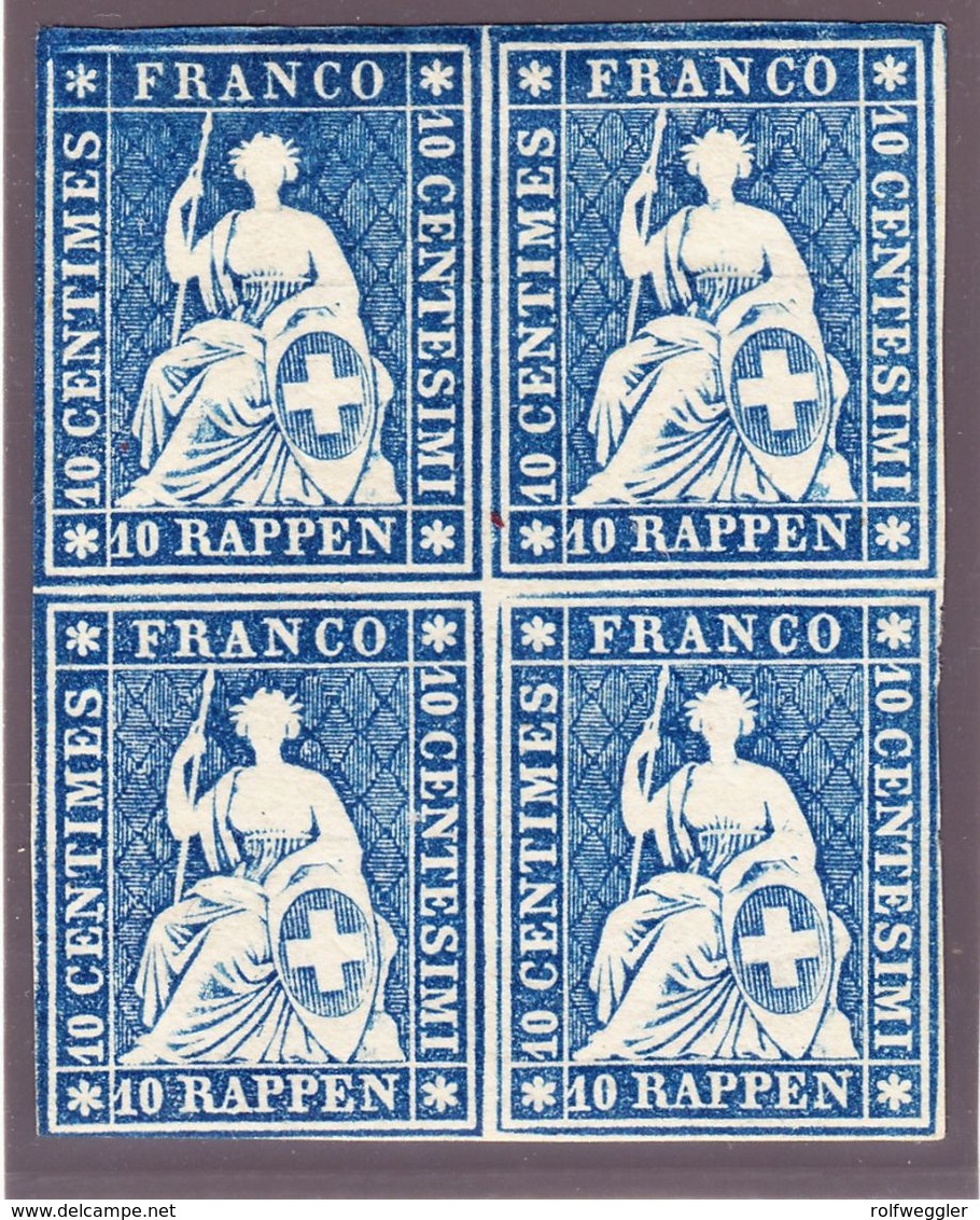 1854/62 10 Rp Blau Ungebrauchter 4er Block Strubel Marken Noch Vollrandig. Viel Originalgummi. Fotoattest Moser, - Unused Stamps