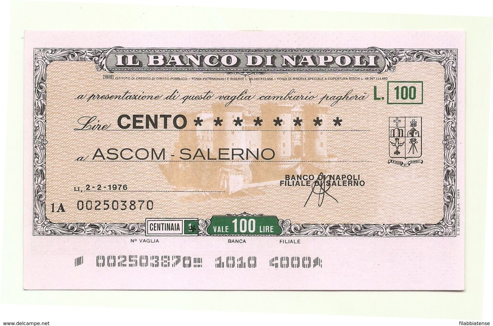 1976 - Italia - Banco Di Napoli - ASCOM - Salerno - [10] Chèques